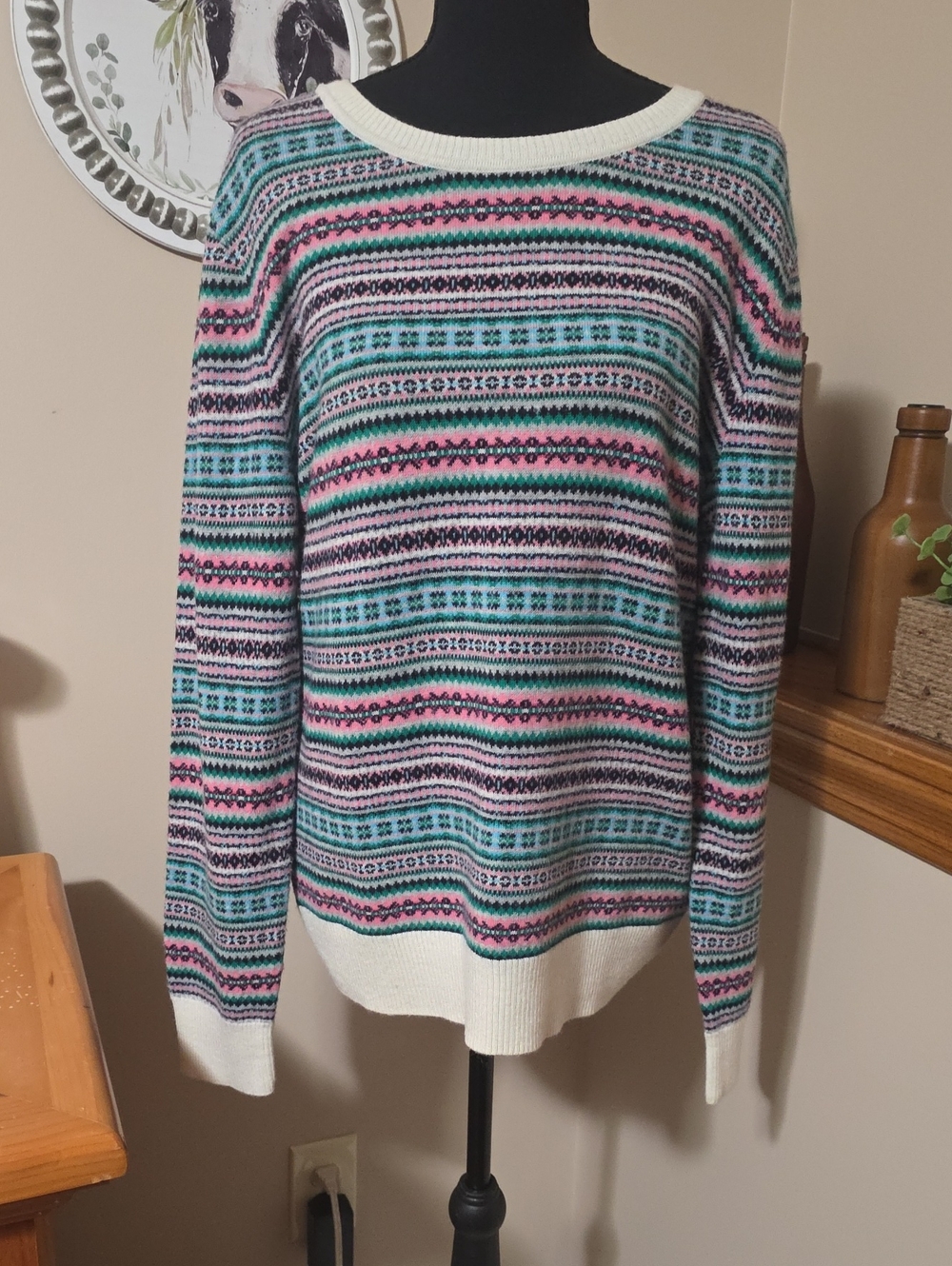 Talbots Striped Fair Isle Crewneck Sweater in Pink, Teal, Navy, White